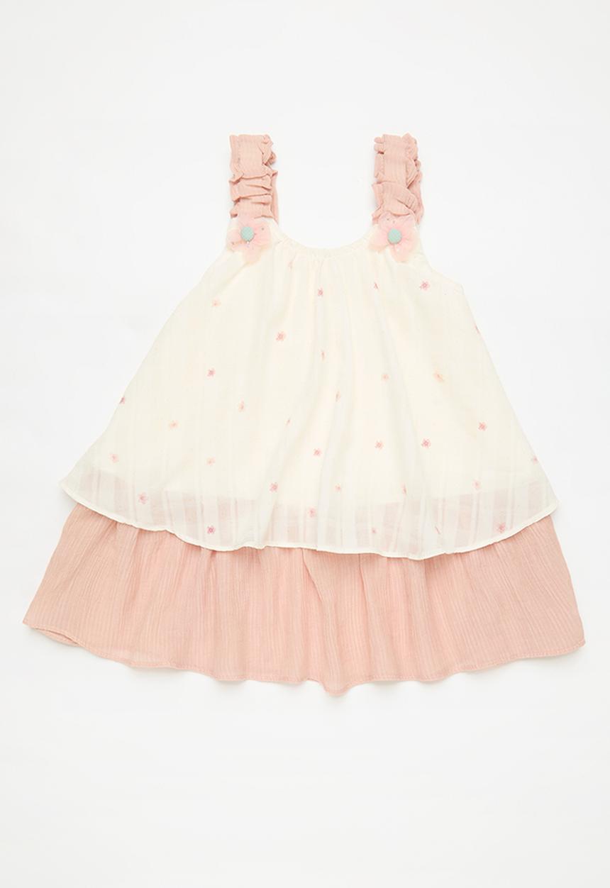 Pop Candy - Contrast tiered dress with elasticated straps - pink/white