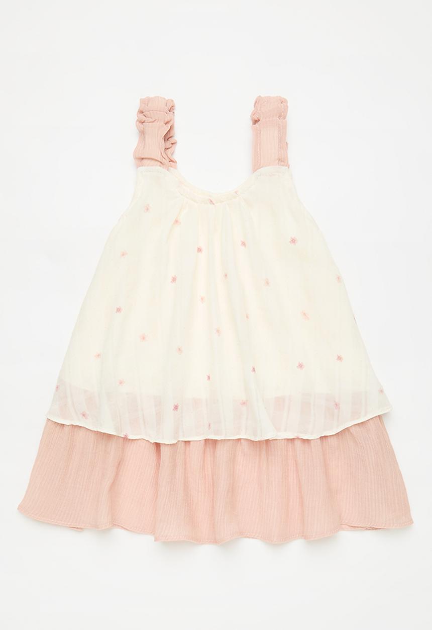 Pop Candy - Contrast tiered dress with elasticated straps - pink/white
