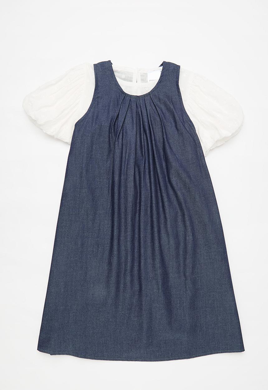 Pop Candy - Pinafore denim dress with front and back pleat detail - blue/white