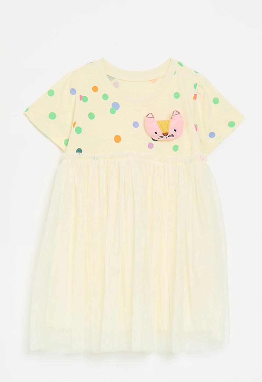 Pop Candy - Combo dress with padded kitten badge - ecru/multi