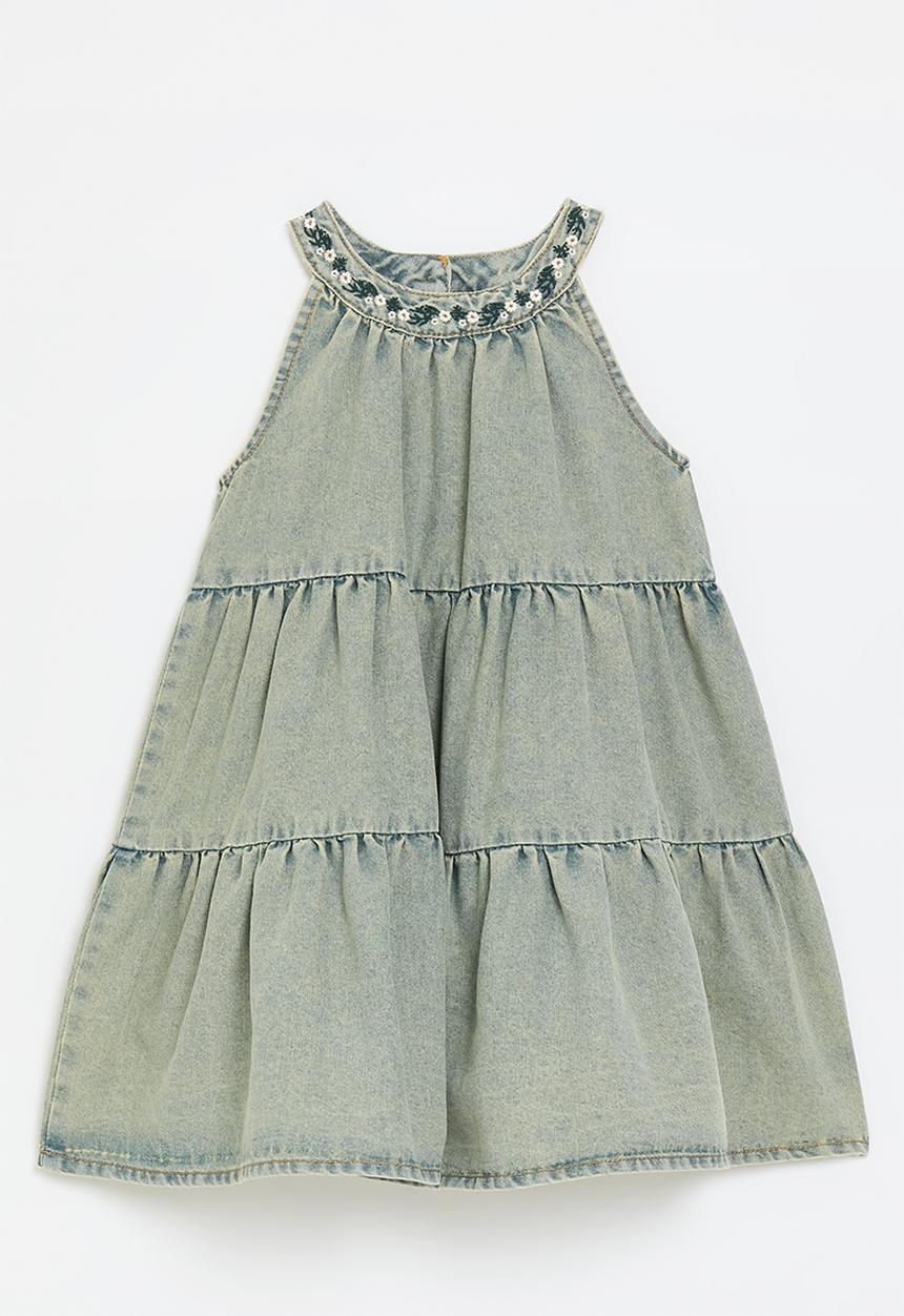Pop Candy - Tiered denim dress with embroidered halter neck - blue