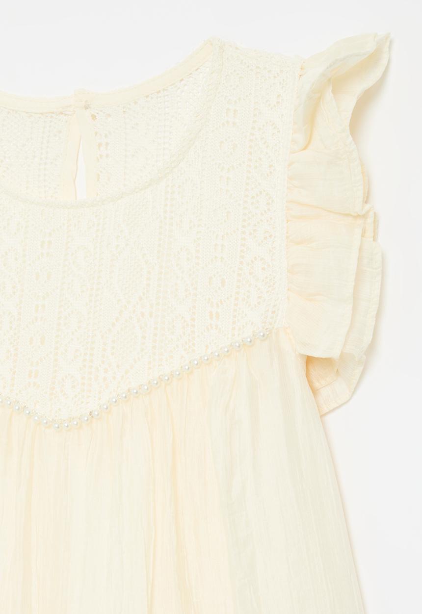 Pop Candy - Crochet lace bodice dress with gathered hem - ecru