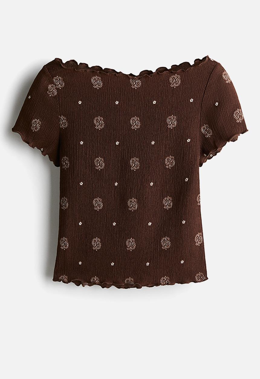 H&M - Overlock-detail crinkled top - dark brown/patterned