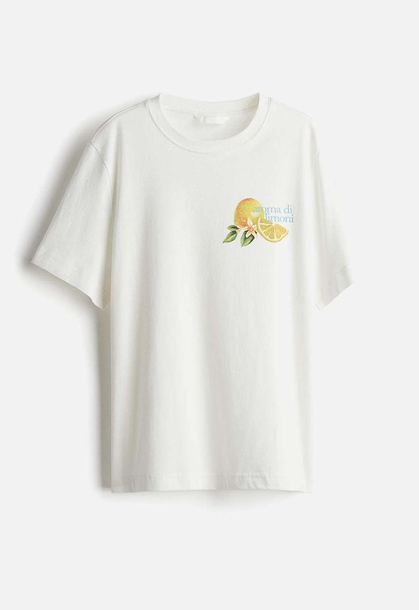 H&M - Printed T-shirt - white/lemon