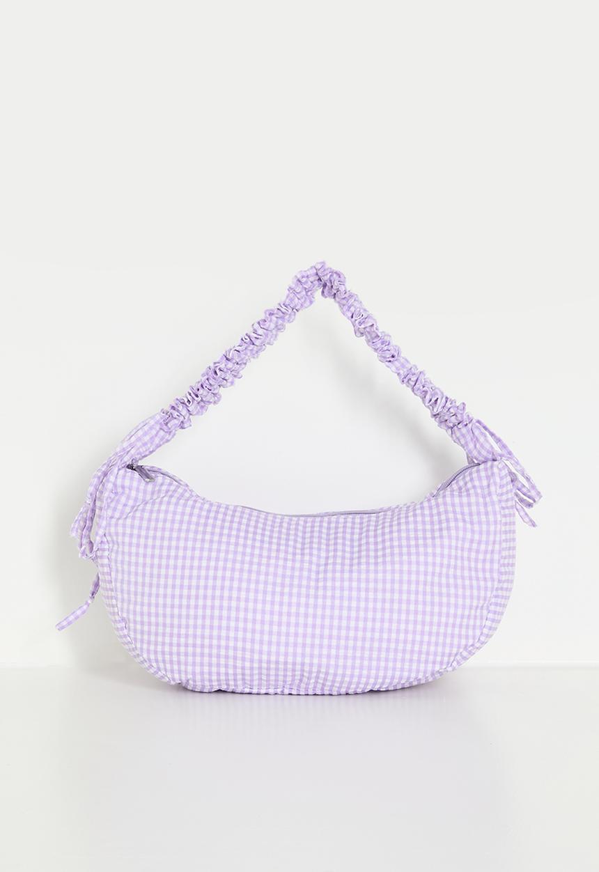 Pop Candy - Crescent moon shoulder bag with elasticated strap - lilac gingham