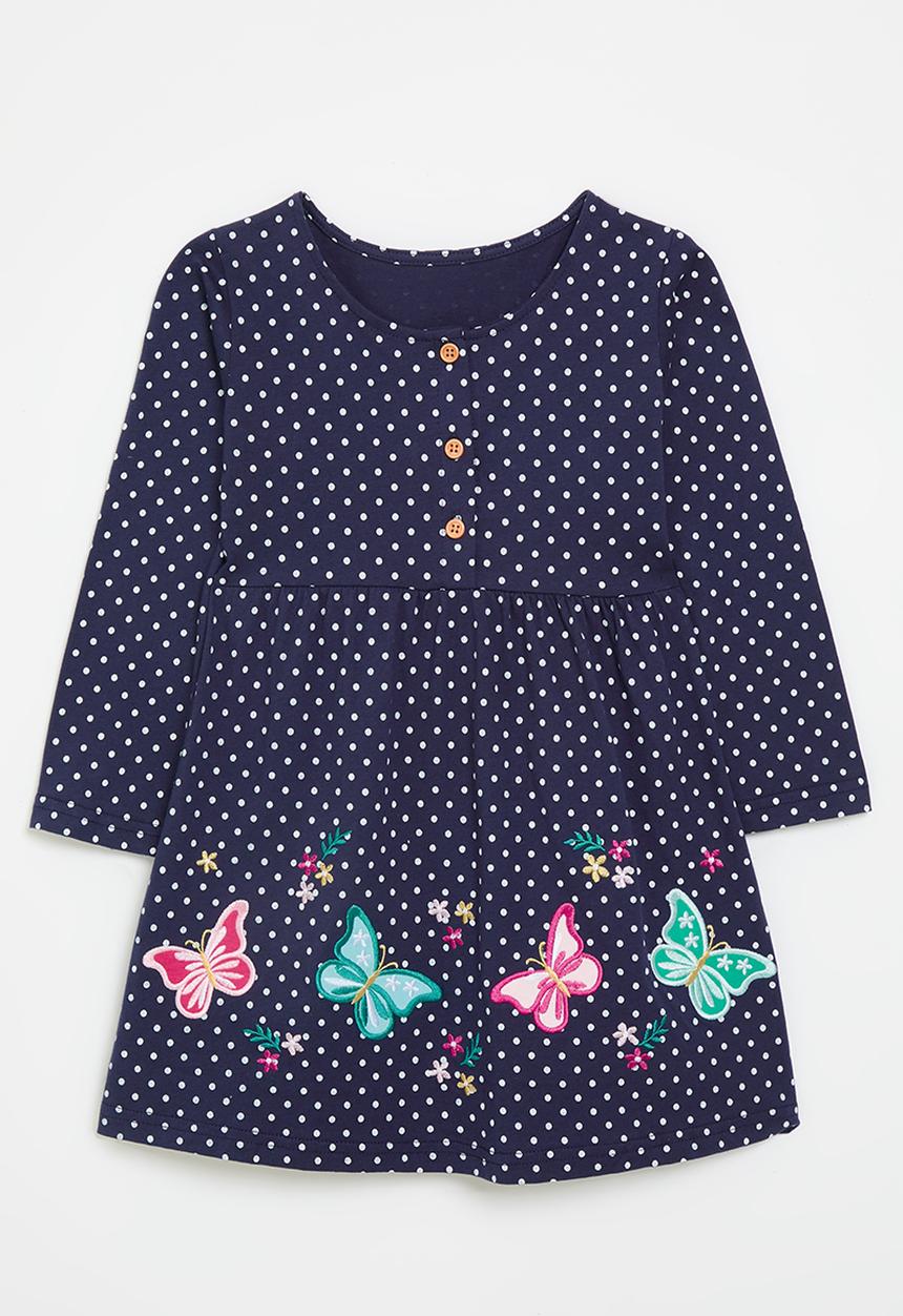 Pop Candy - Butterfly embroidered graphic polka dot dress - navy