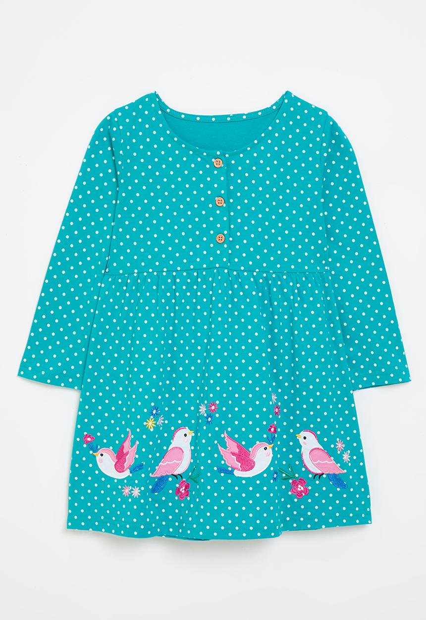 Pop Candy - Bird embroidered graphic polka dot dress - aqua 