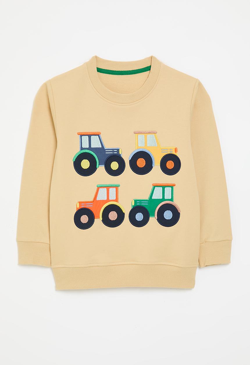 Pop Candy - Embroidered tractor crew neck sweater - light brown