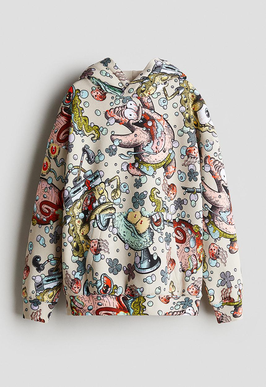 H&M - Motif-detail hoodie - light beige spongebob