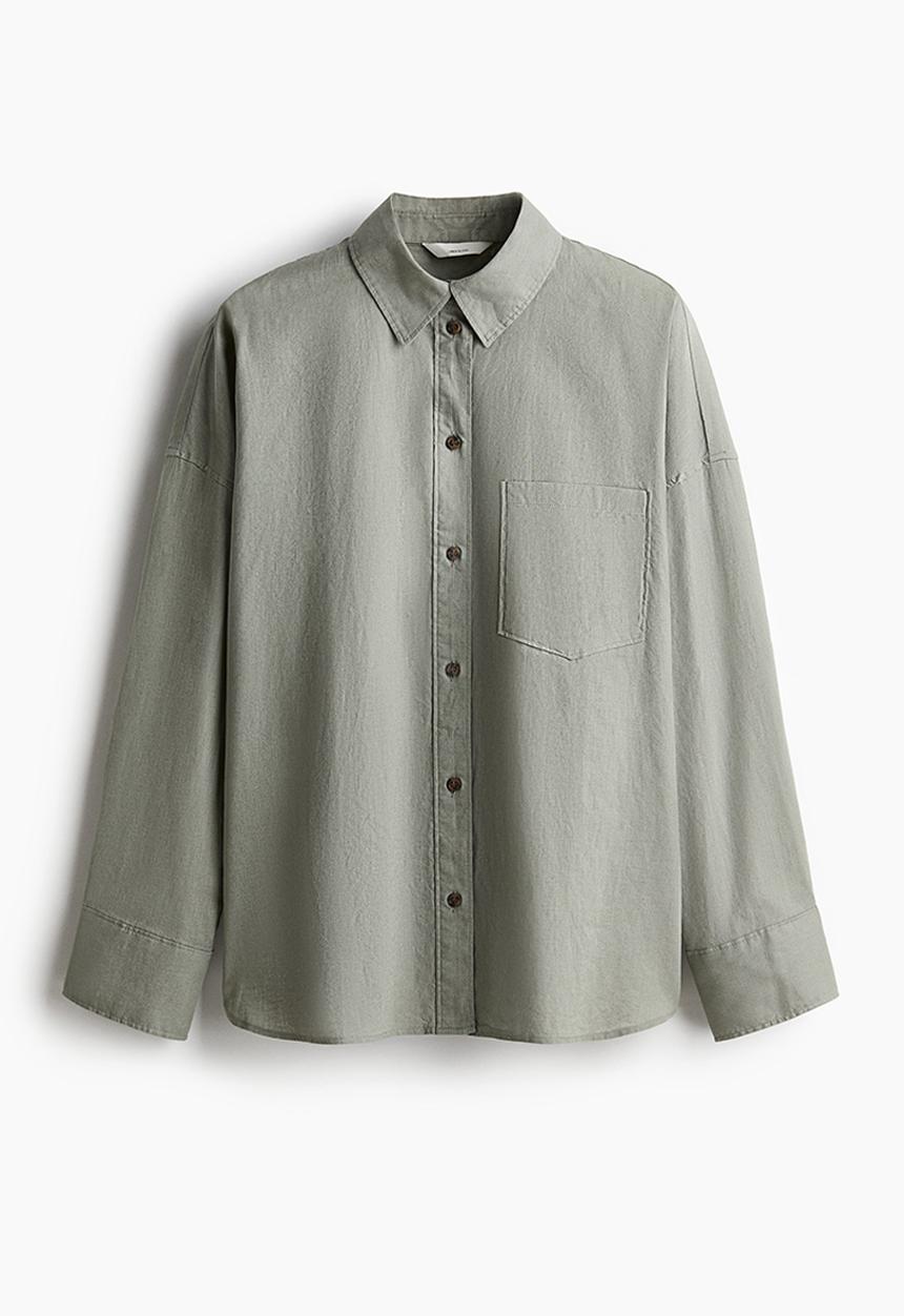 H&M - Oversized linen-blend shirt - dusty green 
