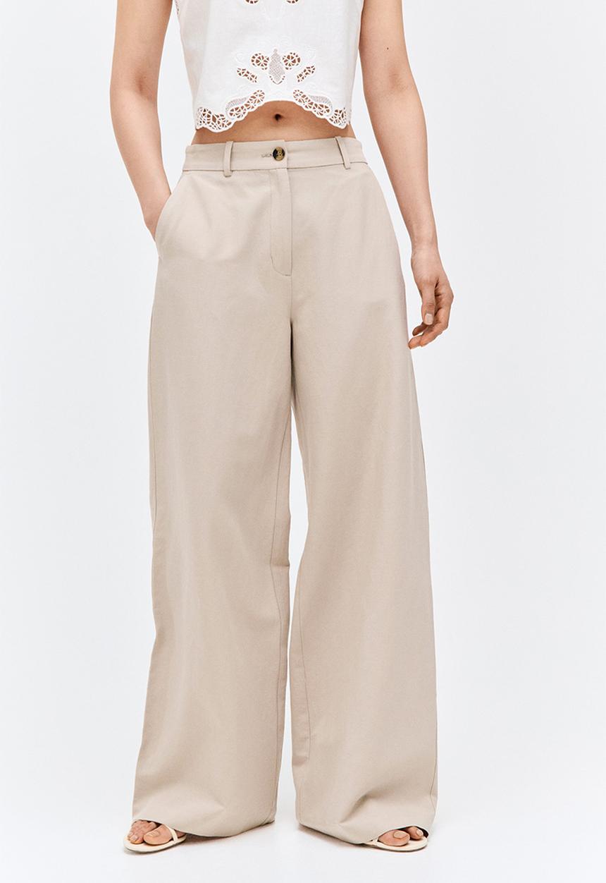 H&M - Wide linen-blend trousers - light beige 