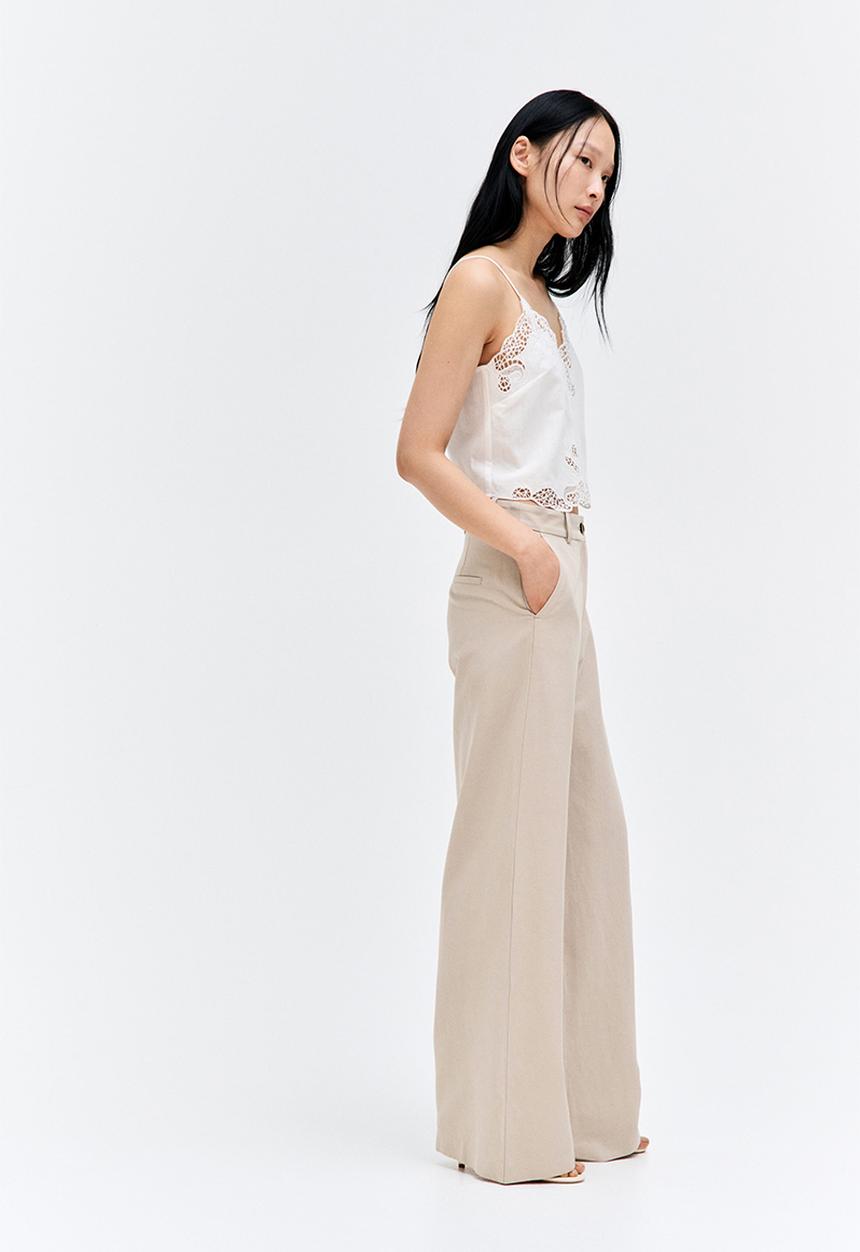 H&M - Wide linen-blend trousers - light beige 