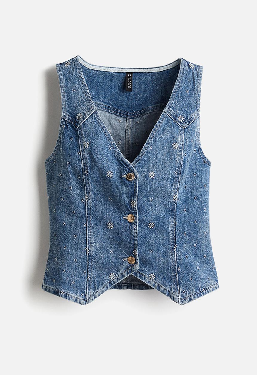 H&M - Embroidered denim waistcoat - denim blue/flowers