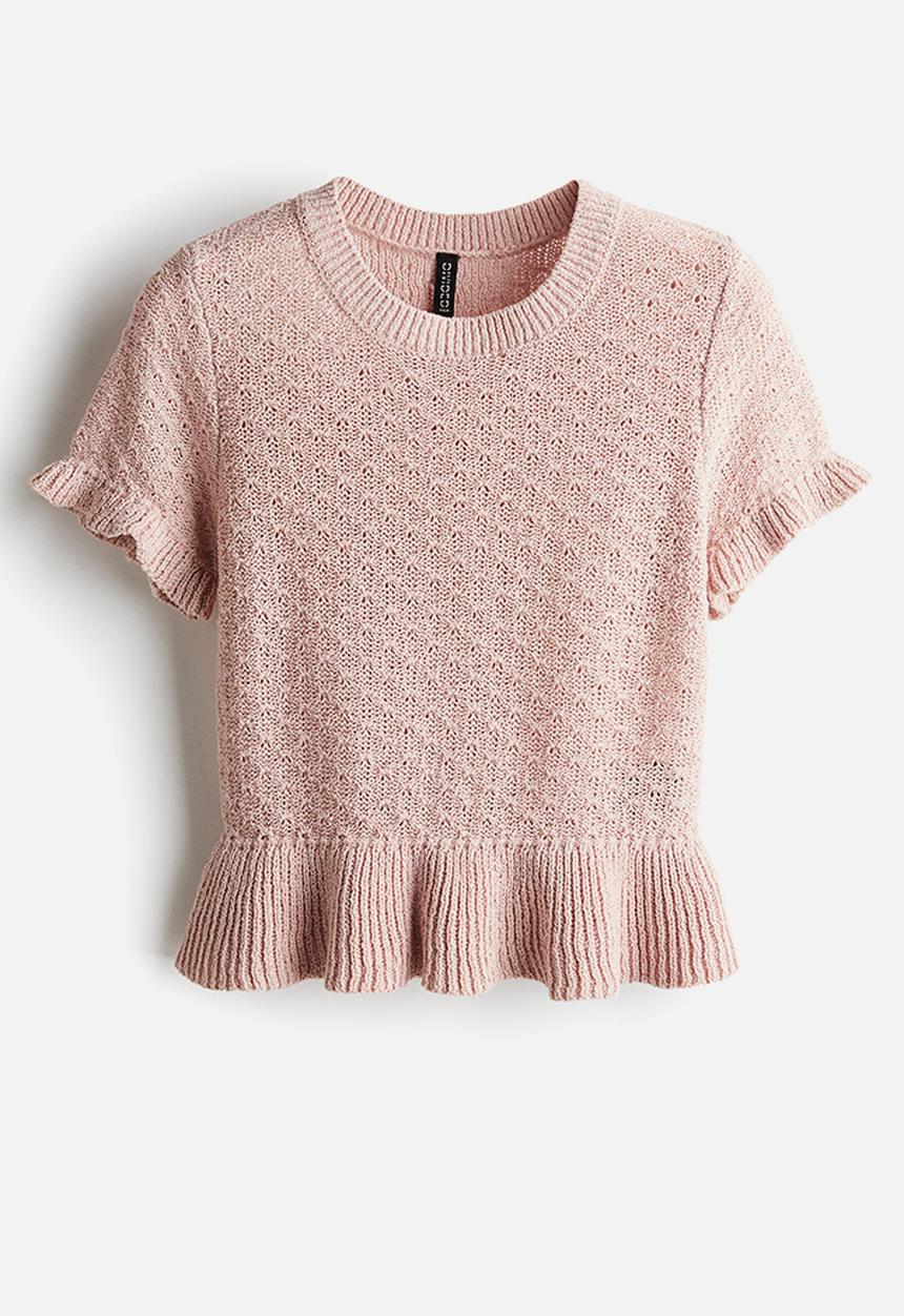 H&M - Frill-trimmed pointelle-knit top -  dusty pink 