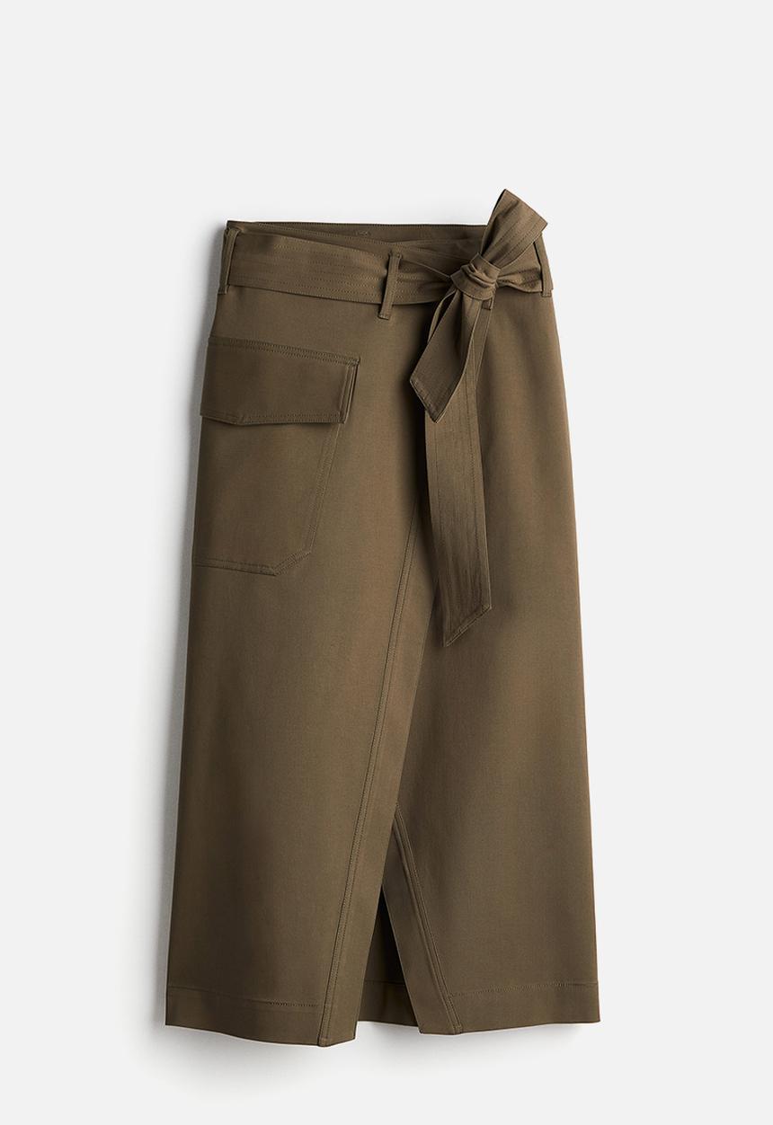 H&M - Tie-belt wrap skirt - dark khaki green