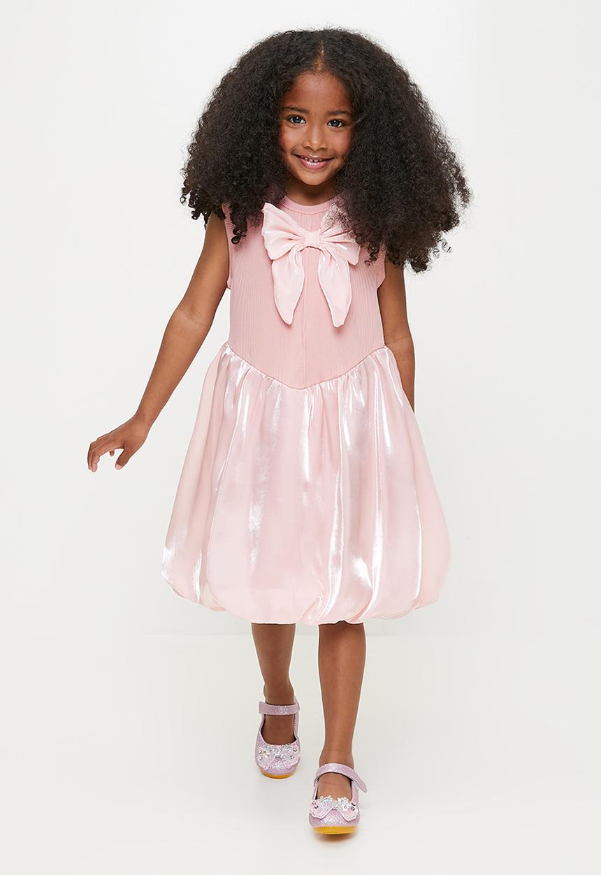 Pop Candy - Basque waistline bubble dress with bow feature - soft pink/shimmer