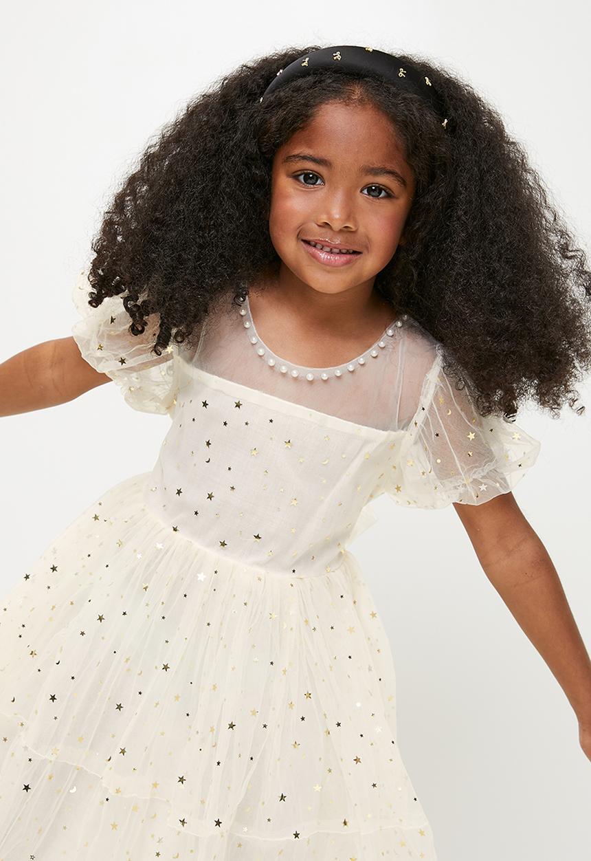 Pop Candy - Star mesh dress with pearl beaded neckline - ecru