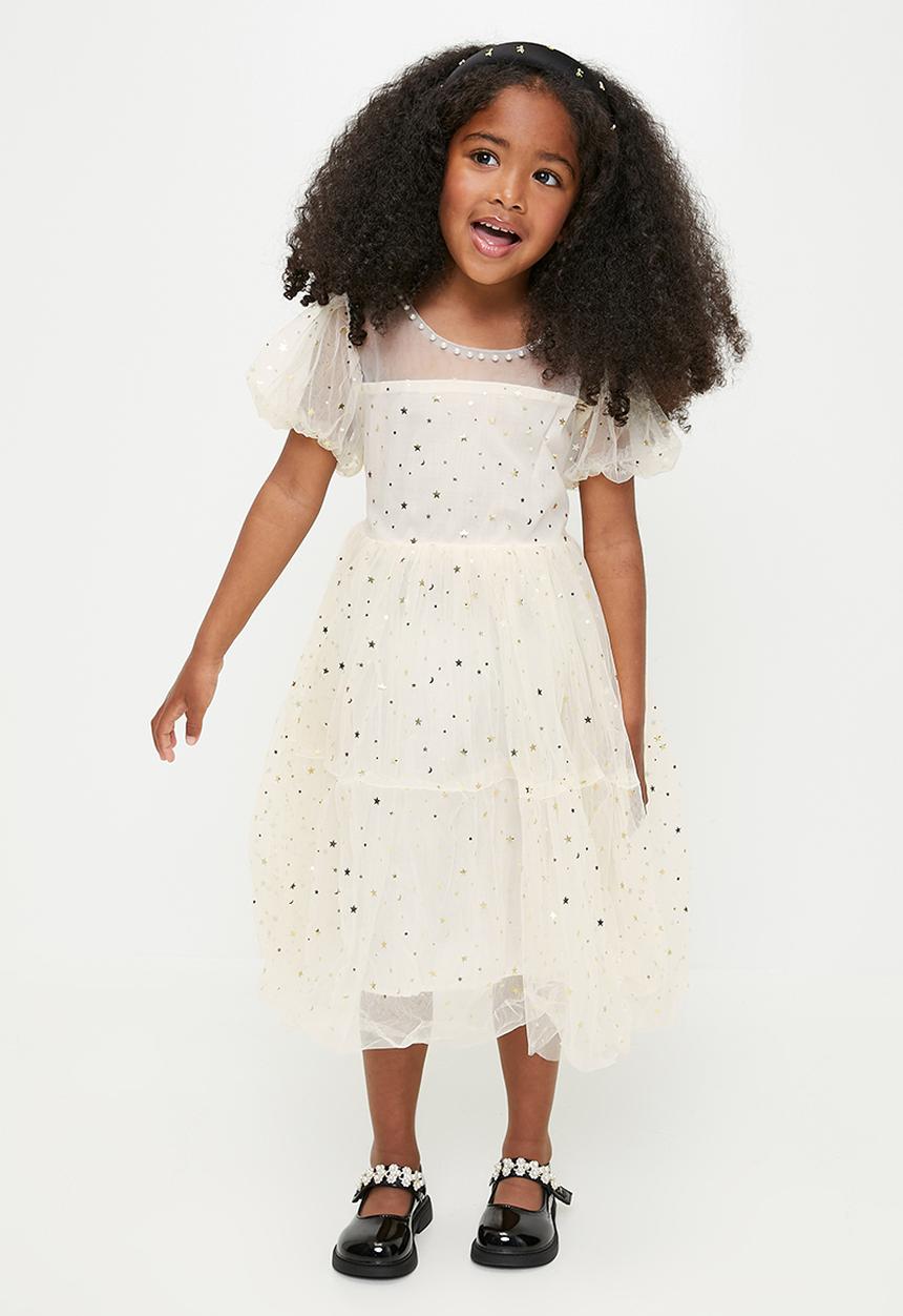 Pop Candy - Star mesh dress with pearl beaded neckline - ecru