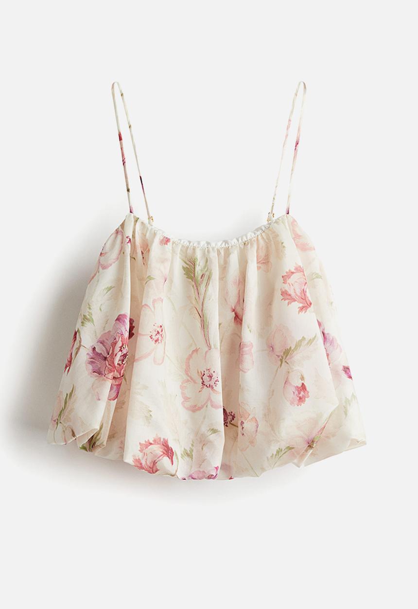 H&M - Bubble-hem strappy top - cream & pink floral