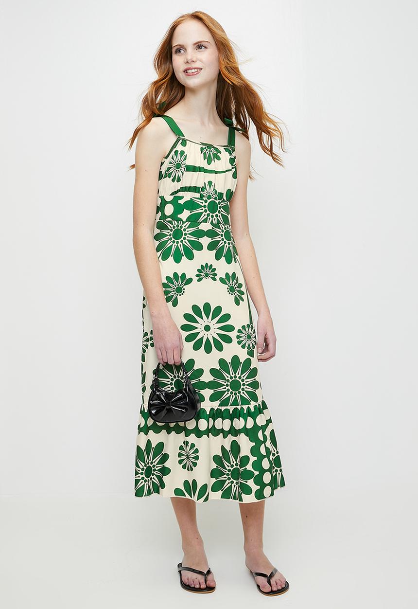 Pop Candy - Floral printed dress with gathered frill hem - ecru/green