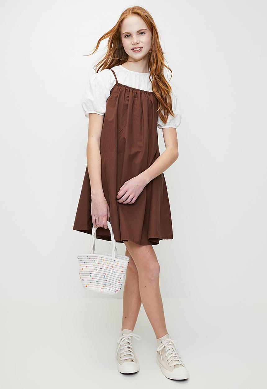 Pop Candy - Mini dress with puff sleeved blouse - brown/white