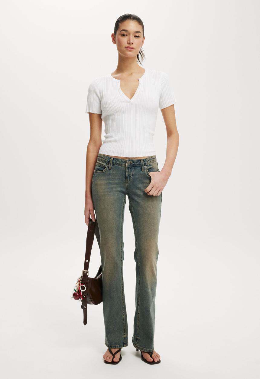 Cotton On - Verigated Rib Knit Shortsleeve Henley - White