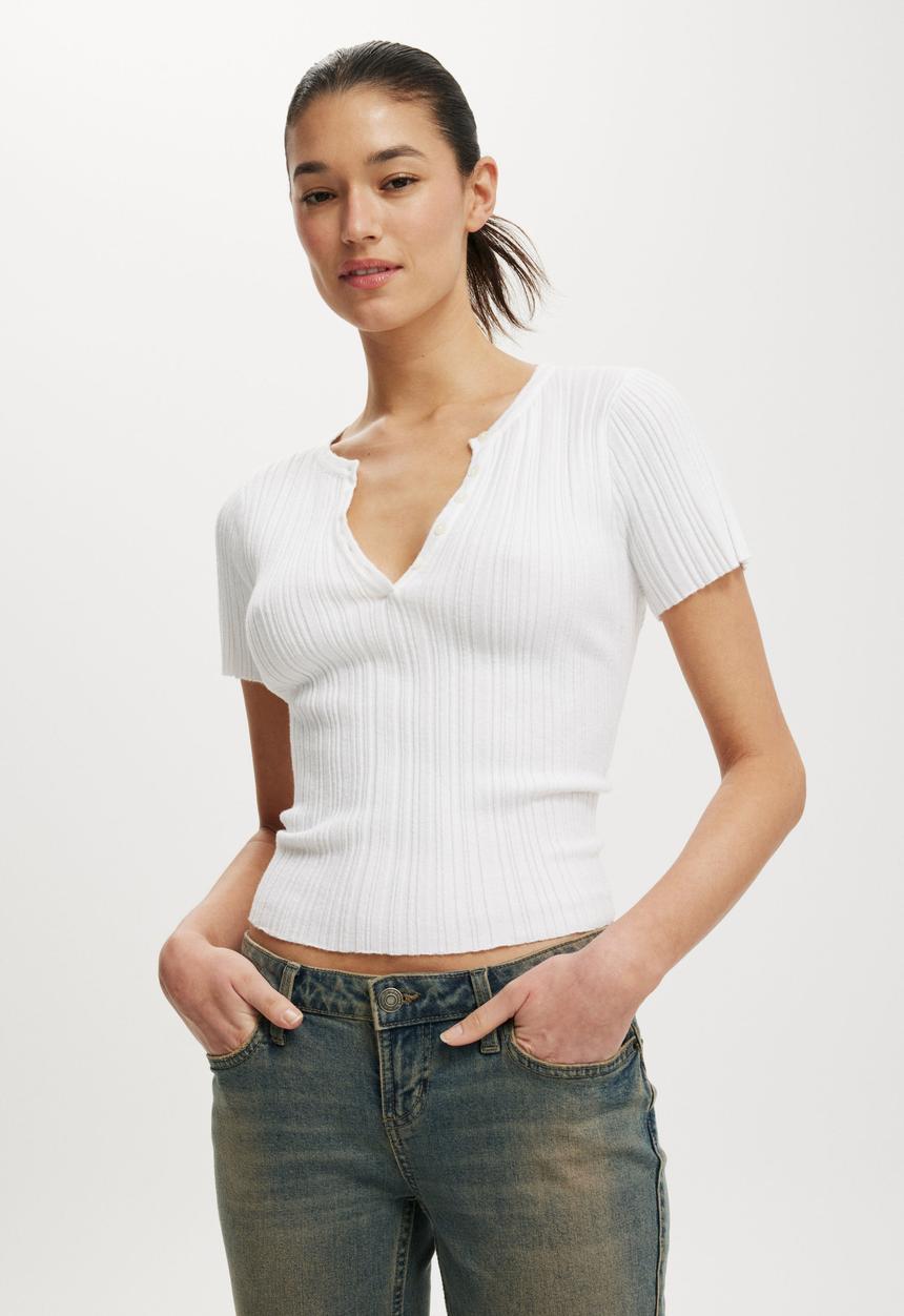 Cotton On - Verigated Rib Knit Shortsleeve Henley - White