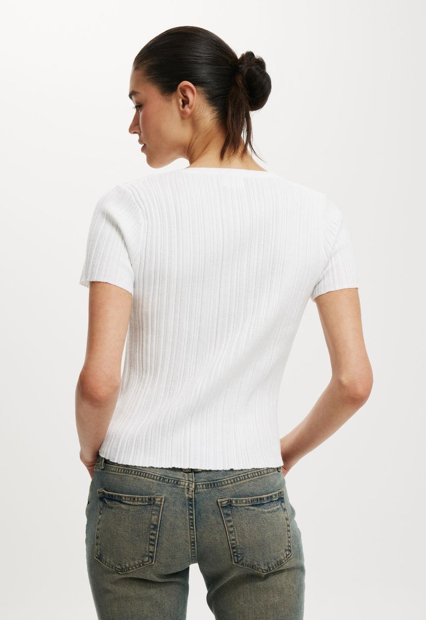 Cotton On - Verigated Rib Knit Shortsleeve Henley - White