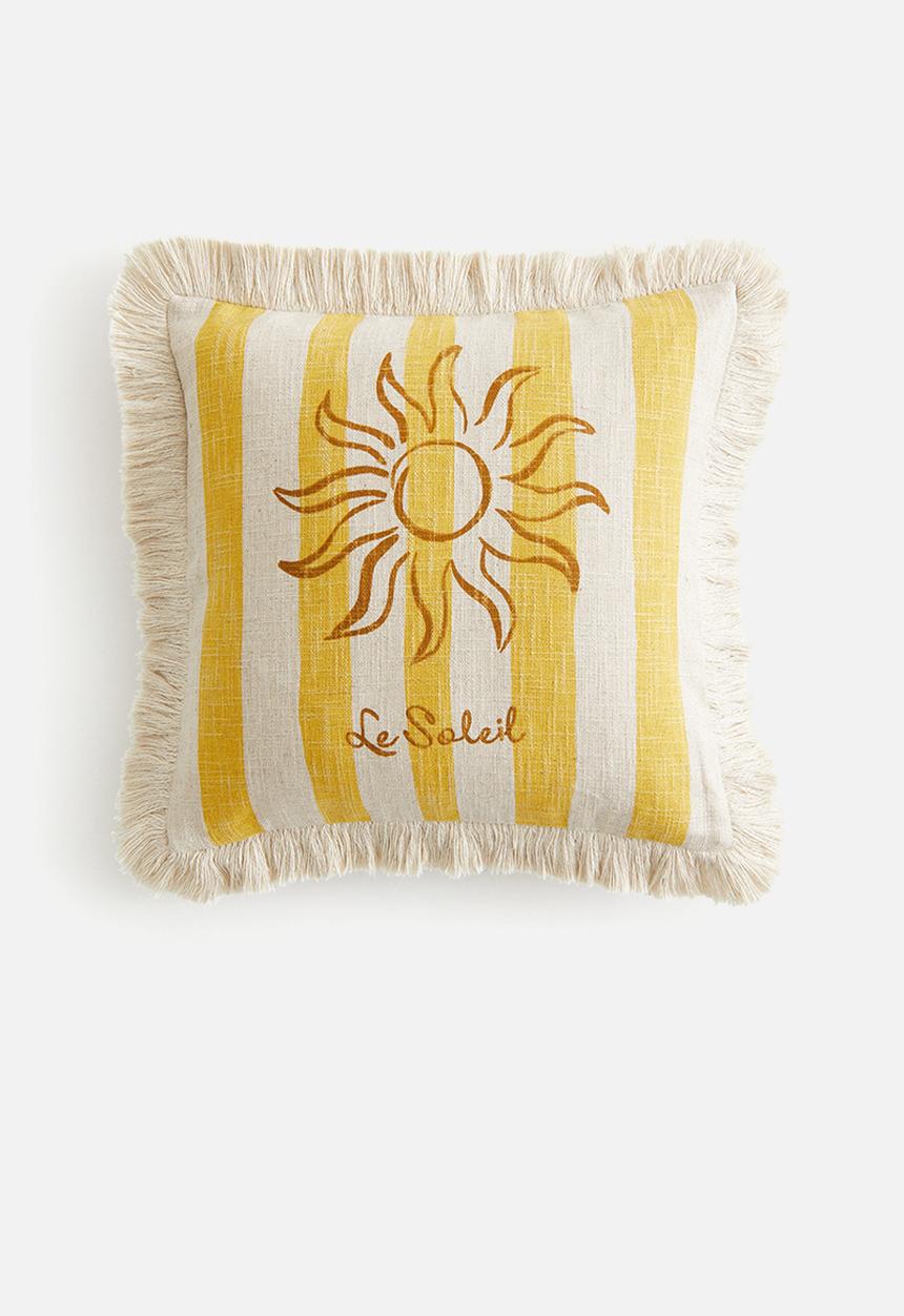 H&M - Fringed linen-blend cushion cover - yellow & le soleil
