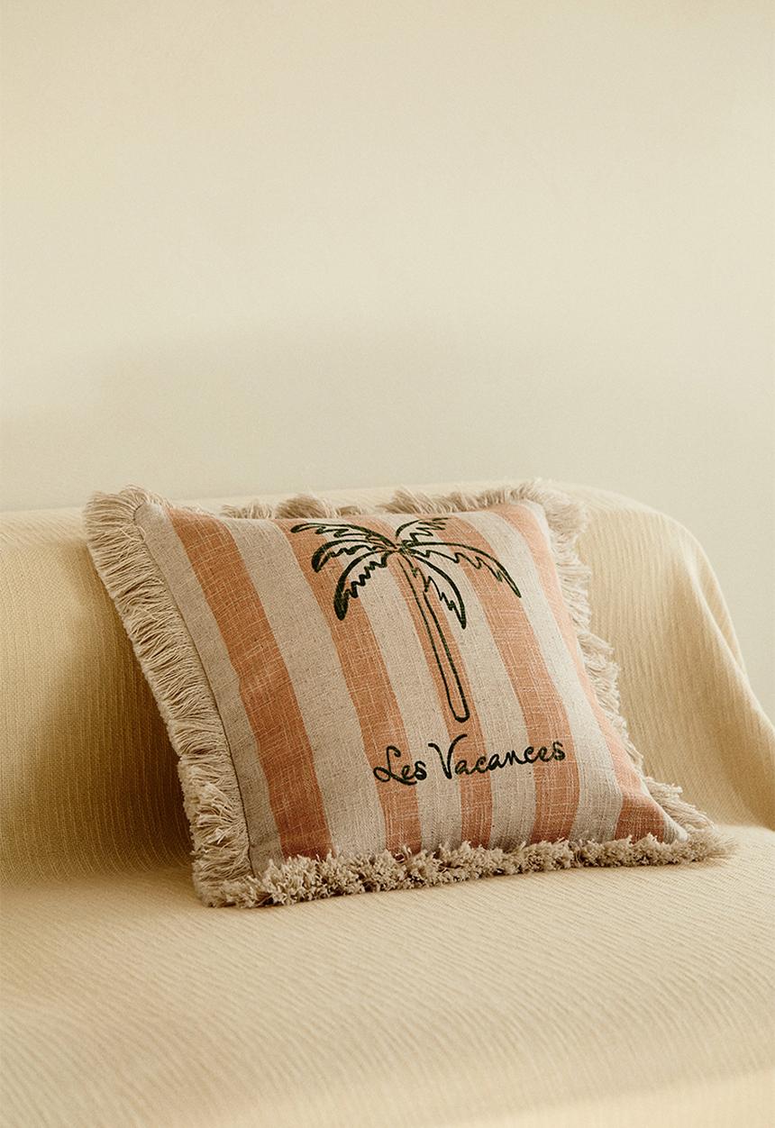 H&M - Fringed linen-blend cushion cover - peach pink/les vacances