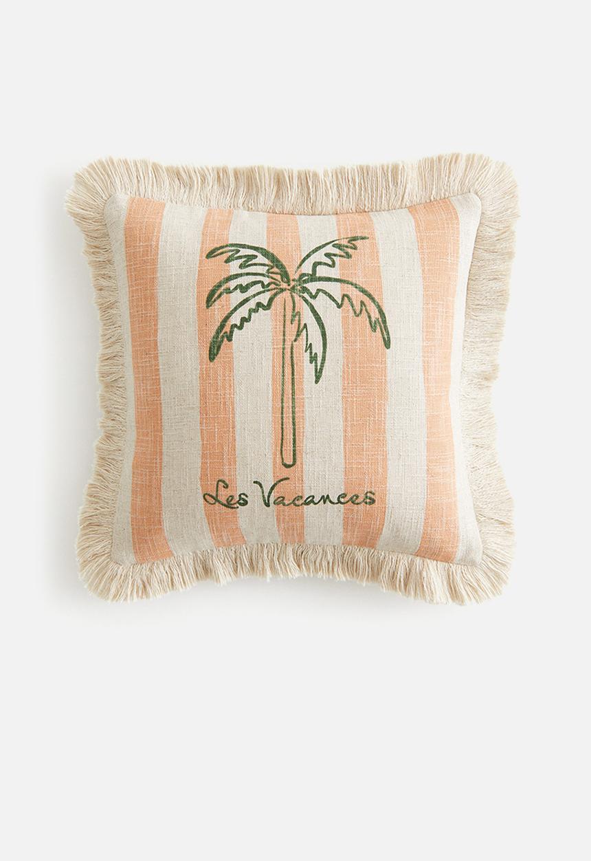 H&M - Fringed linen-blend cushion cover - peach pink/les vacances