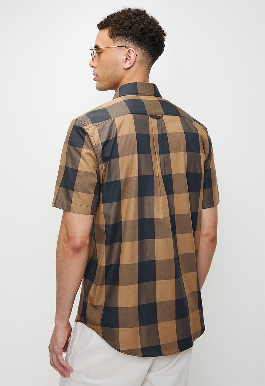 POLO - Boswell short sleeve large check shirt - camel & navy