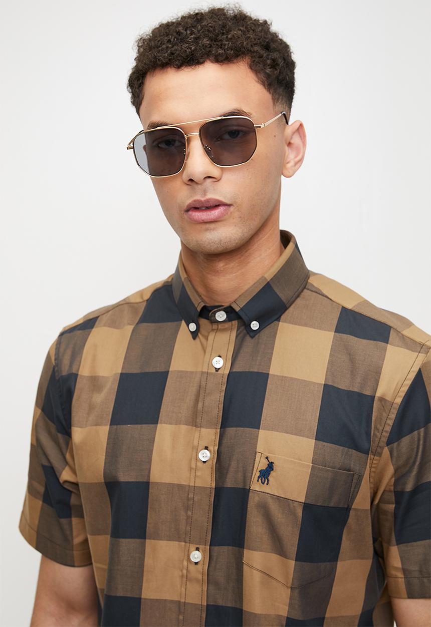 POLO - Boswell short sleeve large check shirt - camel & navy