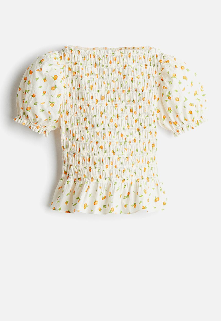 H&M - Smocked blouse - cream oranges