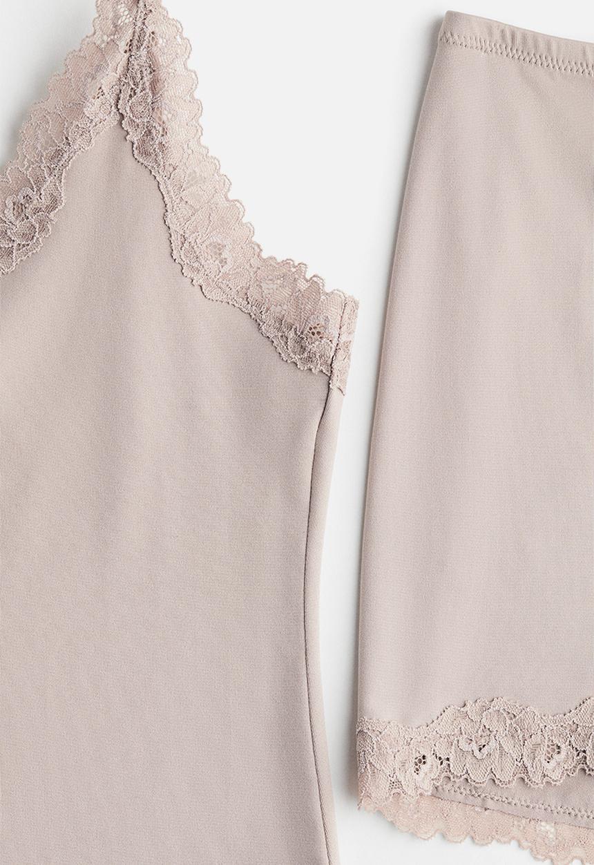 H&M - Lace-trimmed microfibre pyjamas - light dusty pink