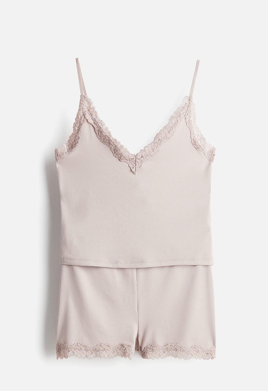 H&M - Lace-trimmed microfibre pyjamas - light dusty pink