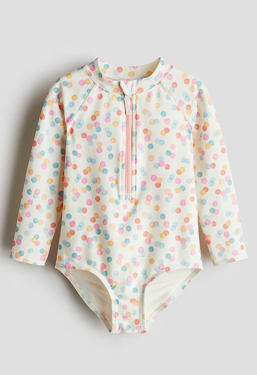 H&M - Long-sleeved swimsuit - cream spotted 