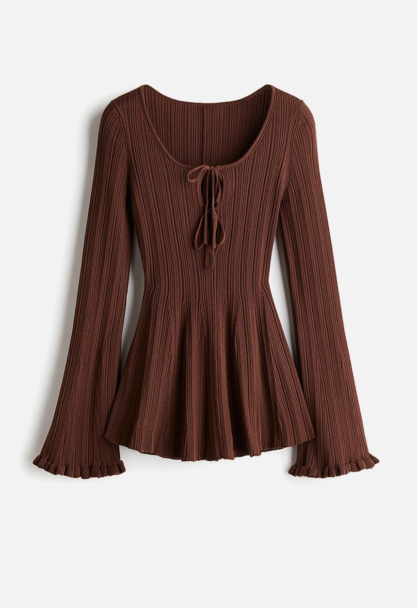 H&M - Rib-knit peplum top - dark brown