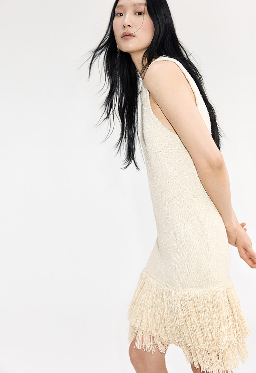 Fringe-trimmed knitted dress - light beige - 1282440001