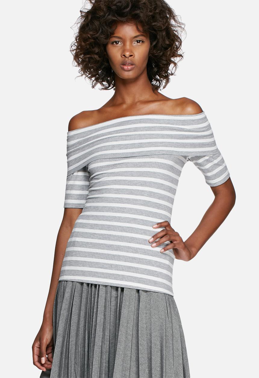 dailyfriday - Rib off-shoulder short sleeve striped top