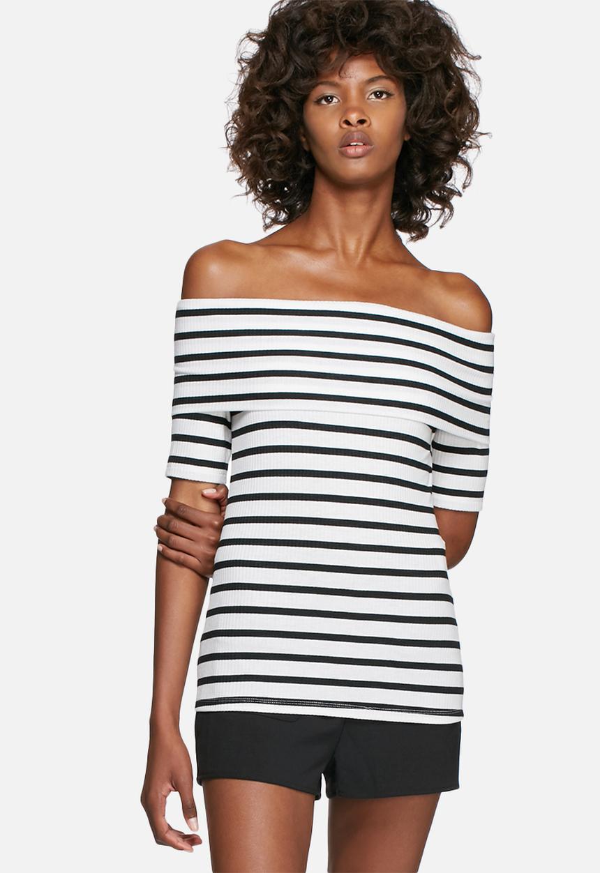 dailyfriday - Rib off-shoulder short sleeve striped top