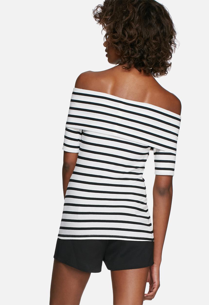 dailyfriday - Rib off-shoulder short sleeve striped top