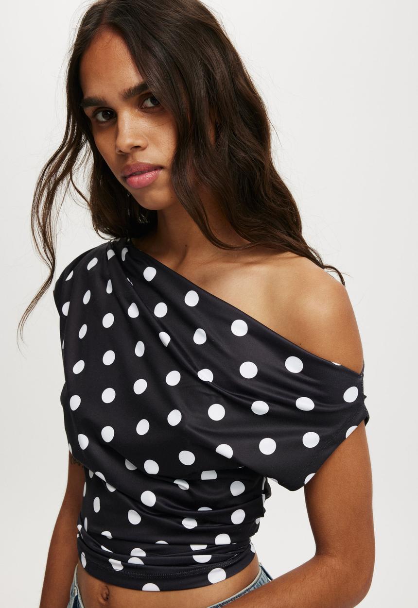 Cotton On - Georgie off shoulder short sleeve - eden polka dot black