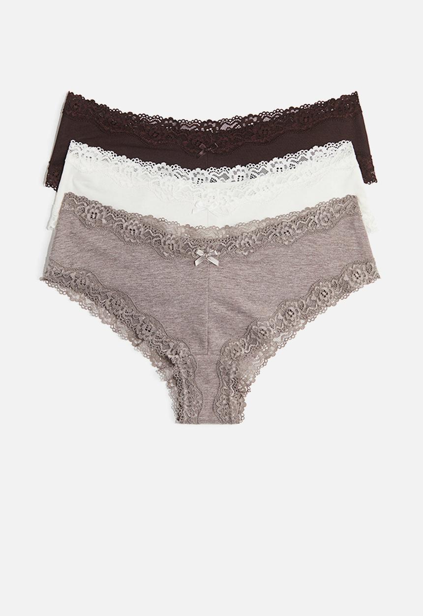 H&M - 3-Pack cotton and lace hipster briefs - dark mole/dark brown