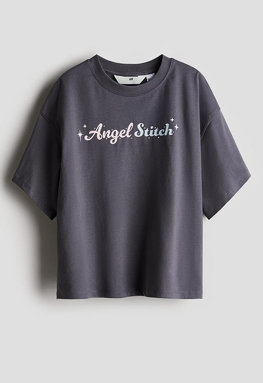 H&M - Printed cotton t-shirt - dark grey lilo & stitch