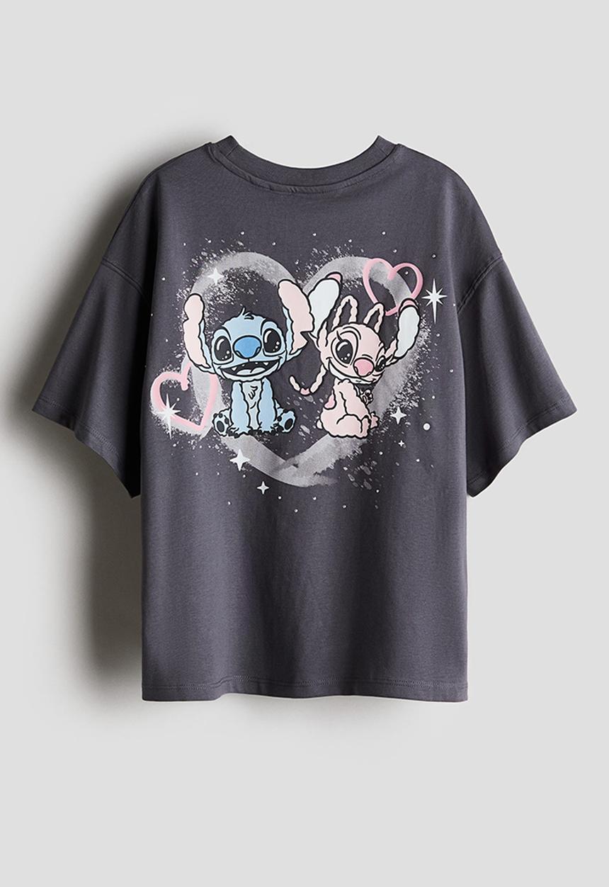 H&M - Printed cotton t-shirt - dark grey lilo & stitch