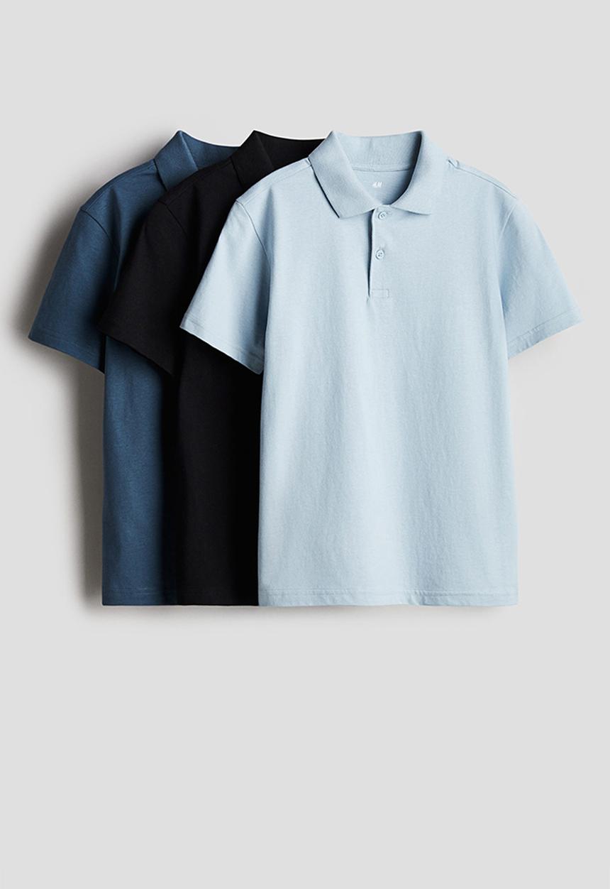 H&M - 3 pack cotton polo shirts - light blue & navy blue