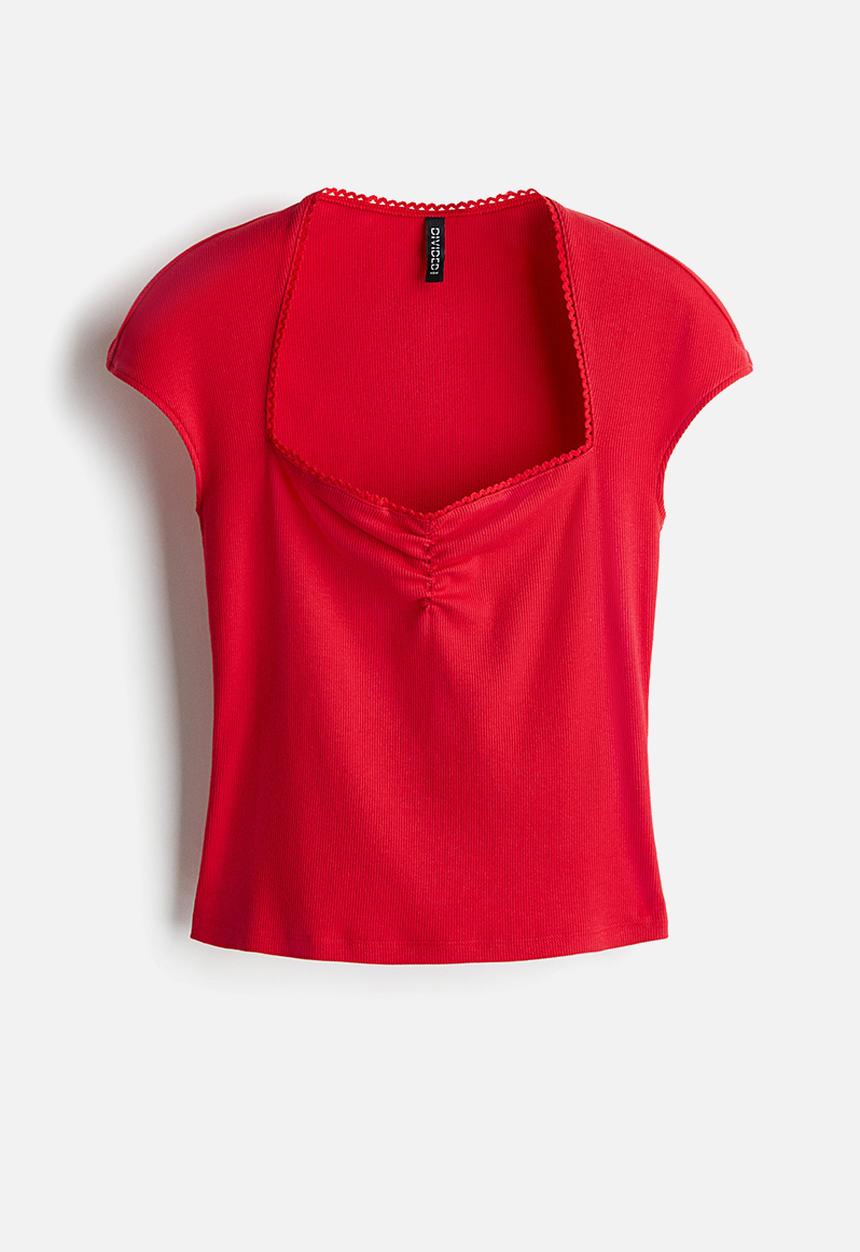 Ribbed sweetheart-neck top - red - 1266326004