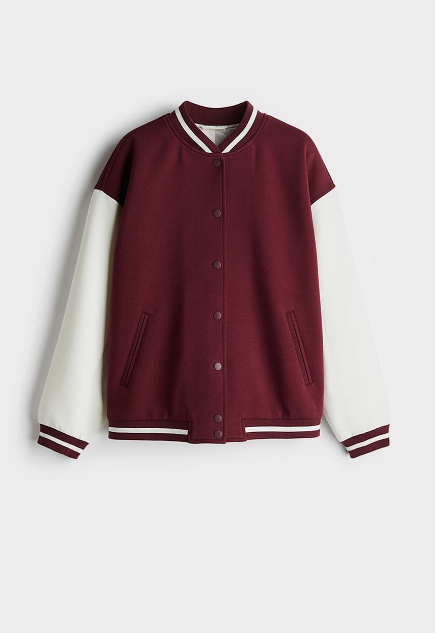 H&M - Motif-detail baseball jacket - burgundy & block-coloured