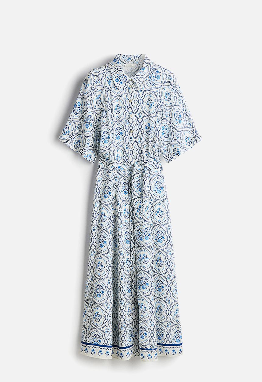 H&M - Tie-belt shirt dress - white & blue patterned